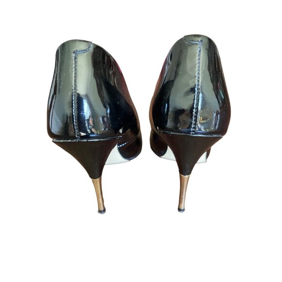 Maiden Lane Shiny Black Patent Leather Stiletto High Heels Gold Heel Size 7.5 - Picture 4 of 9